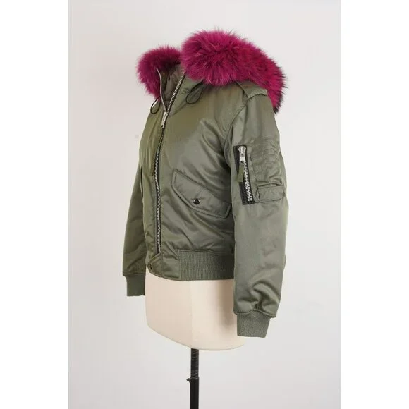 SAM Women's Large Fur Trim Down Bomber Jacket Green SZ XS $595